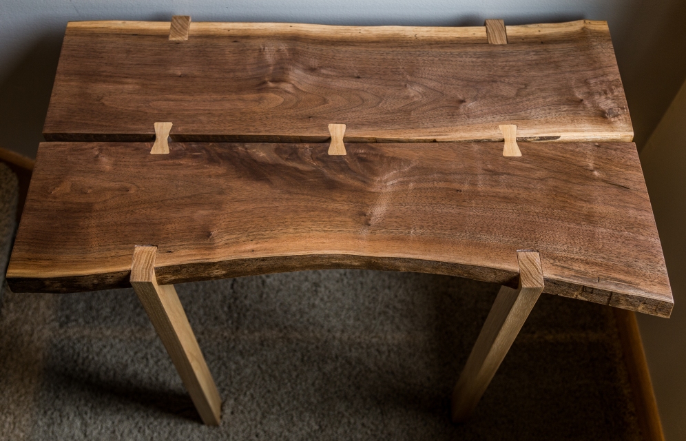 Black Walnut Live-Edge End Table with Hickory Legs and Butterfly Inlays