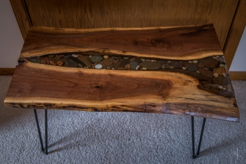 Black Walnut Lake Superior Rock and Agate Resin Table with Hairpin Legs